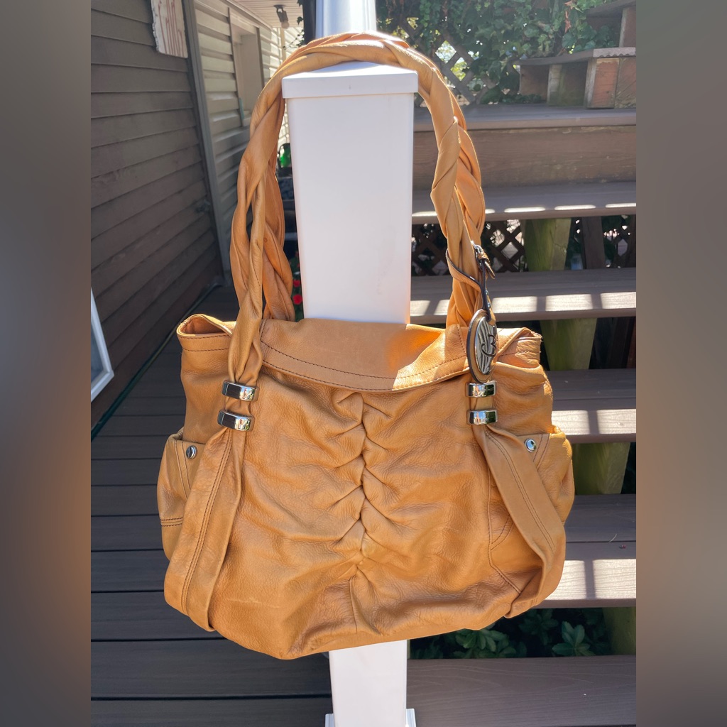 B. Makowsky Cognac Leather Braided Handle Tote Bag